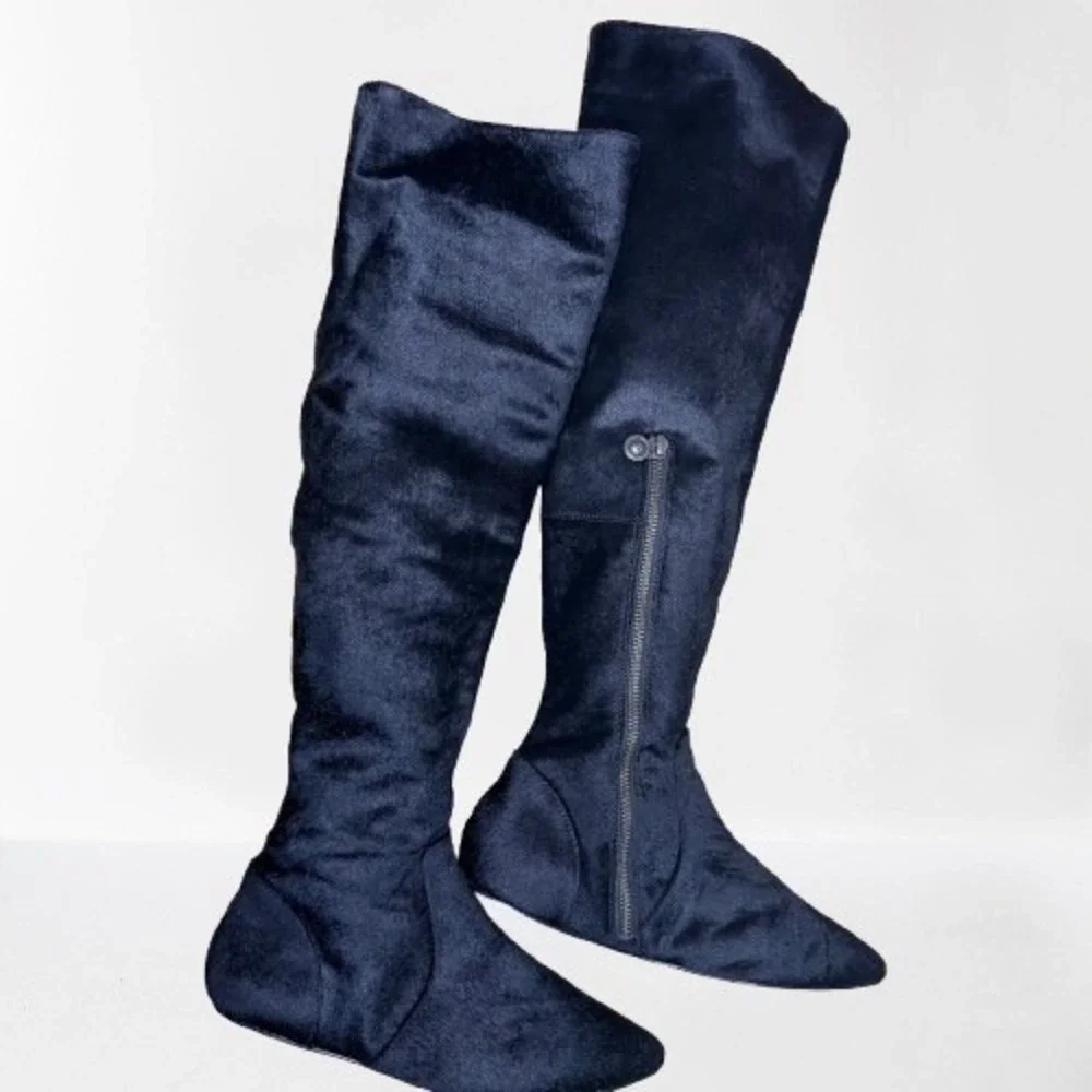 Leon Max Women's Black Pony Hair Leather Over The Knee Boots Pointed Toe Sz 5.5M